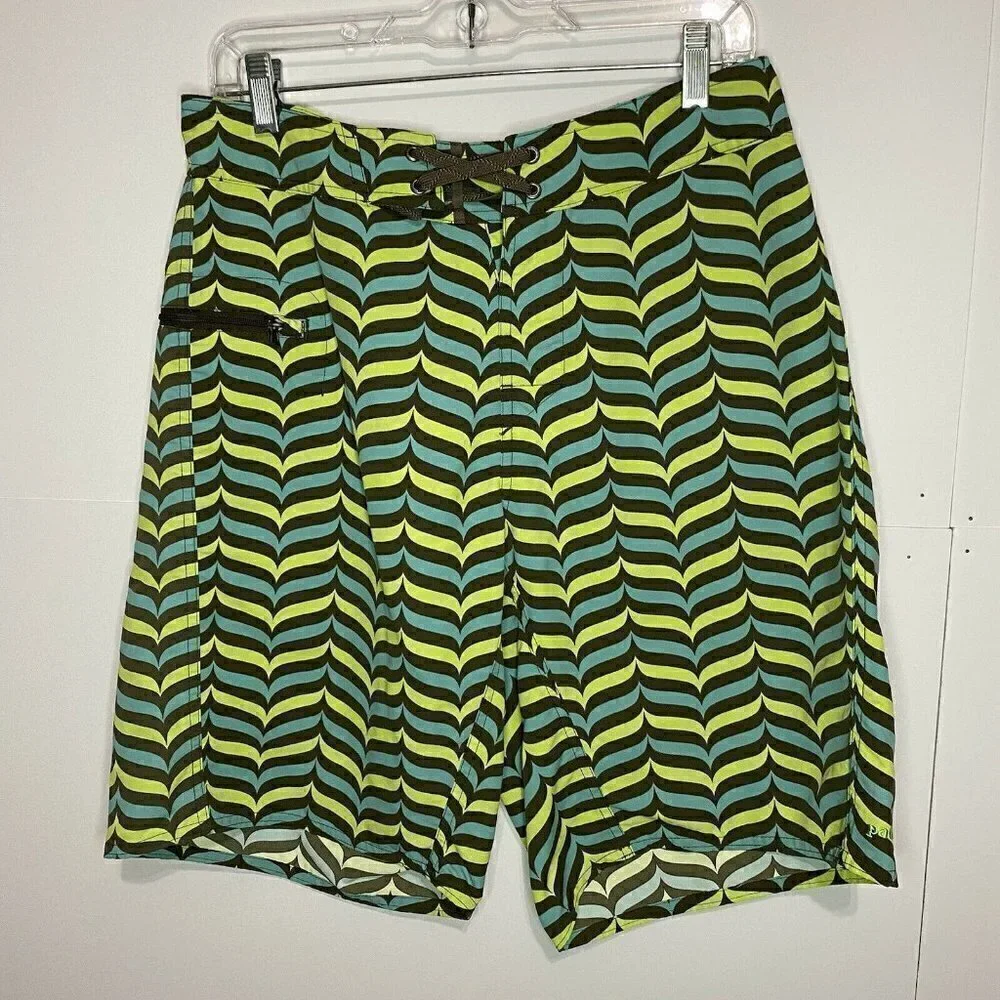 Patagonia Sz 30” Mens 10” Board Shorts Drawstring Brown Aqua Yellow Nylon